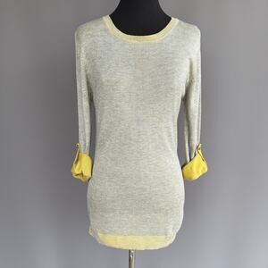 Annabella sweater - crew neck - gray - yellow - roll up sleeve - preppy - size S